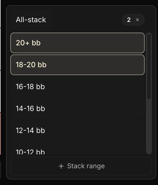 Sélecteur de stacks de l'onglet Global EV : les stacks 20+ bb et 18-20 bb sont sélectionnés en même temps (compteur « 2 »), ce qui cumule leurs mains.