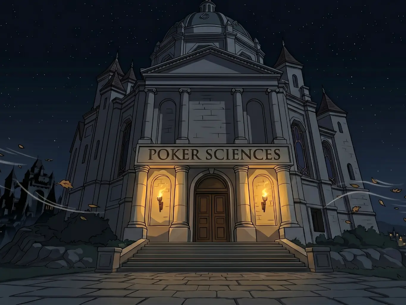 L'Académie Poker Sciences la nuit, balayée par le vent