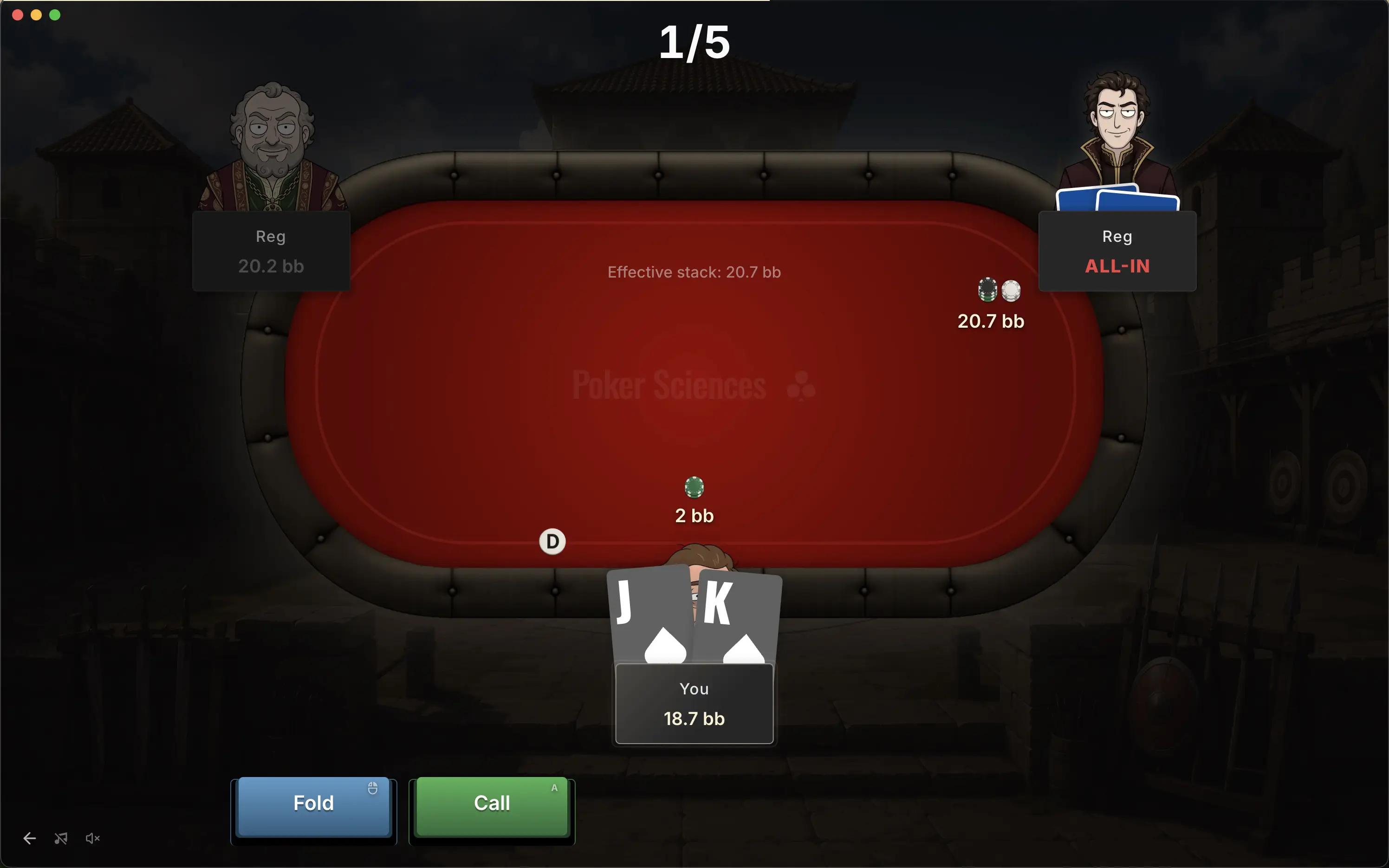 Interface du mode Rejouer les erreurs : table de poker avec la main du Hero, l'adversaire Fish en face, les boutons d'action en bas et le compteur d'erreurs restantes en haut.