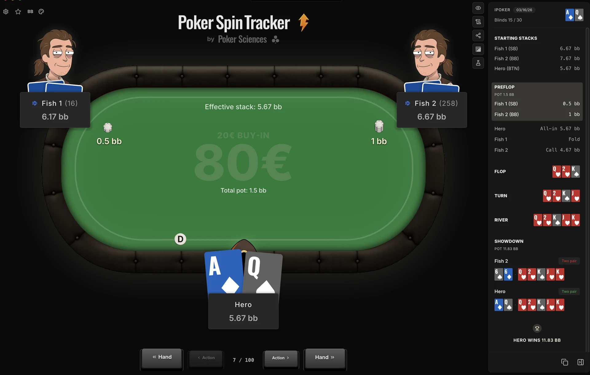 Le Replayer de main : la table reconstituée au centre, la liste d'actions à droite, la barre d'outils verticale dans le coin haut-droit et les contrôles de navigation en bas.