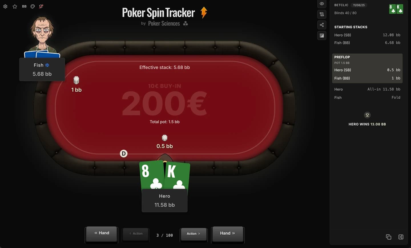 Capture d'écran du replayeur de Poker Spin Tracker : une main heads-up rejouée à gauche, l'historique détaillé de la main affiché à droite.