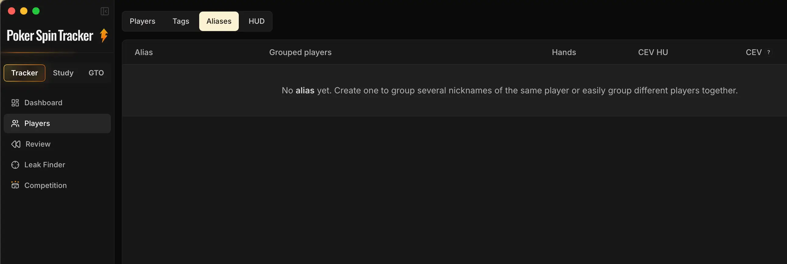 Écran de gestion des alias du tracker.