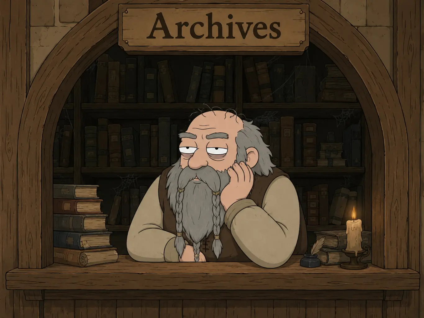 Un archiviste assis derrière son comptoir, devant les étagères de ses archives.
