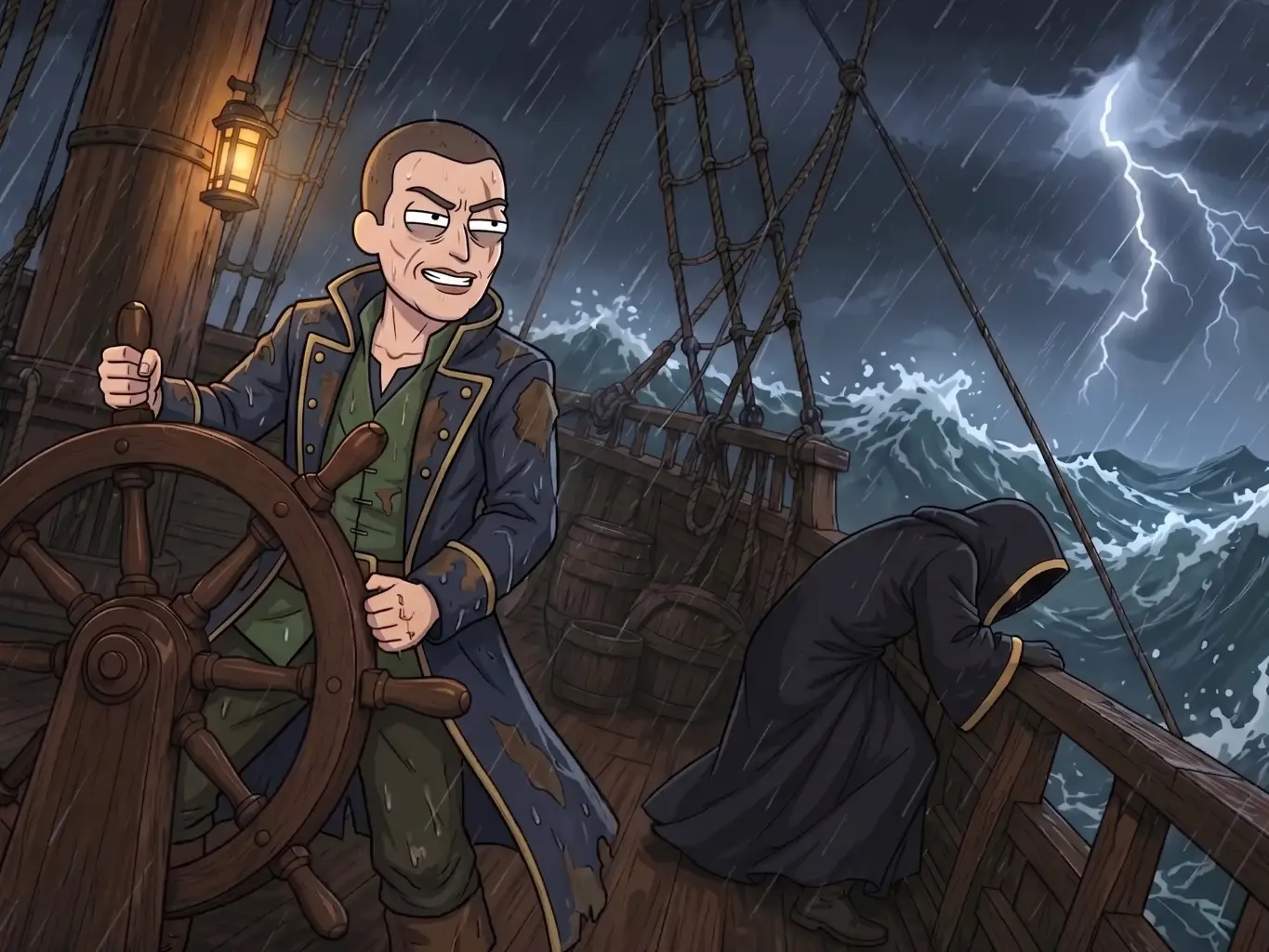 La capitaine à la barre sous la tempête, tandis que le Mage, penché sur le bastingage, succombe au mal de mer.