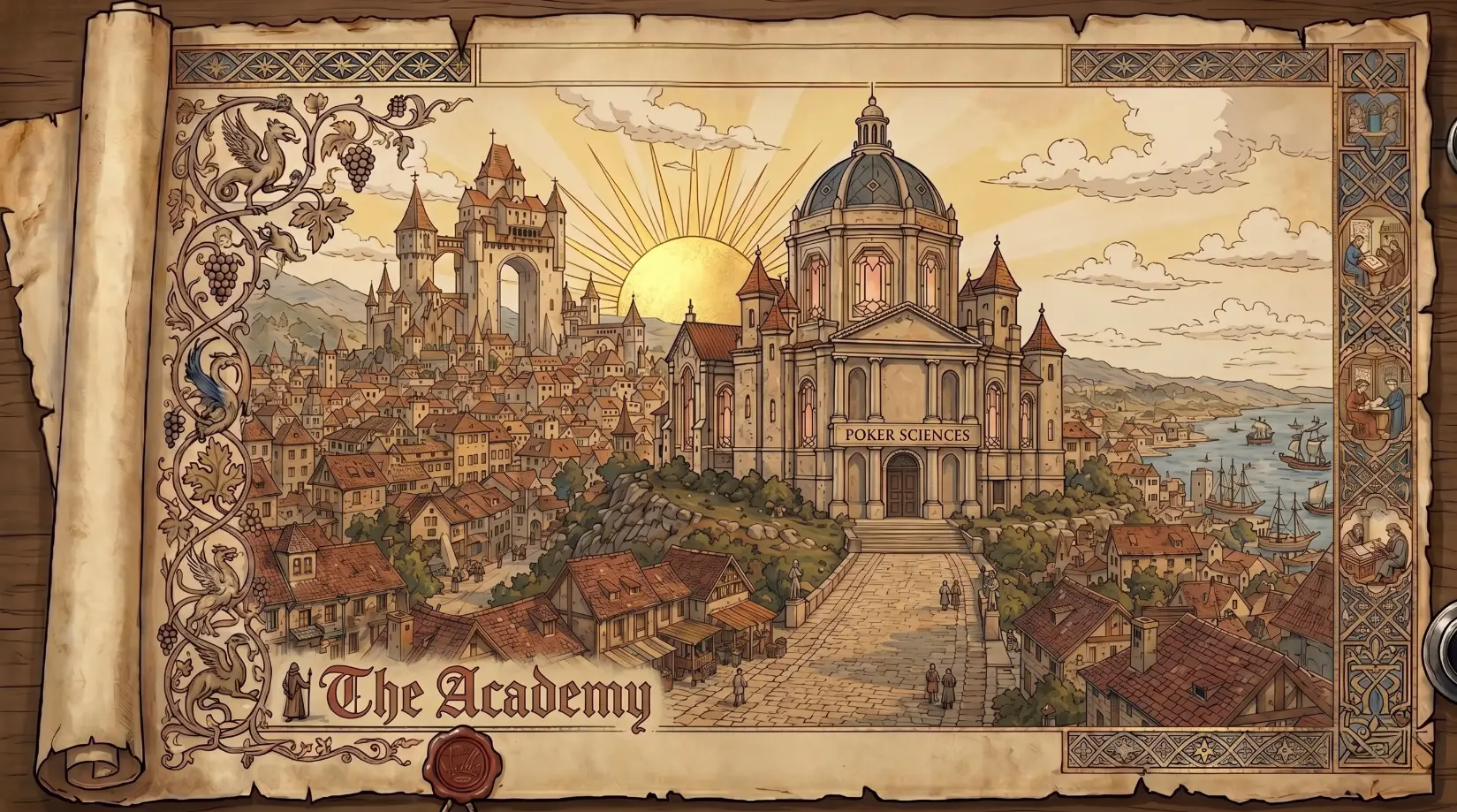 Vue gravée de l'Académie Poker Sciences, perchée sur l'une des collines de la Citadelle, son dôme doré baigné de lumière au-dessus des toits de la ville.