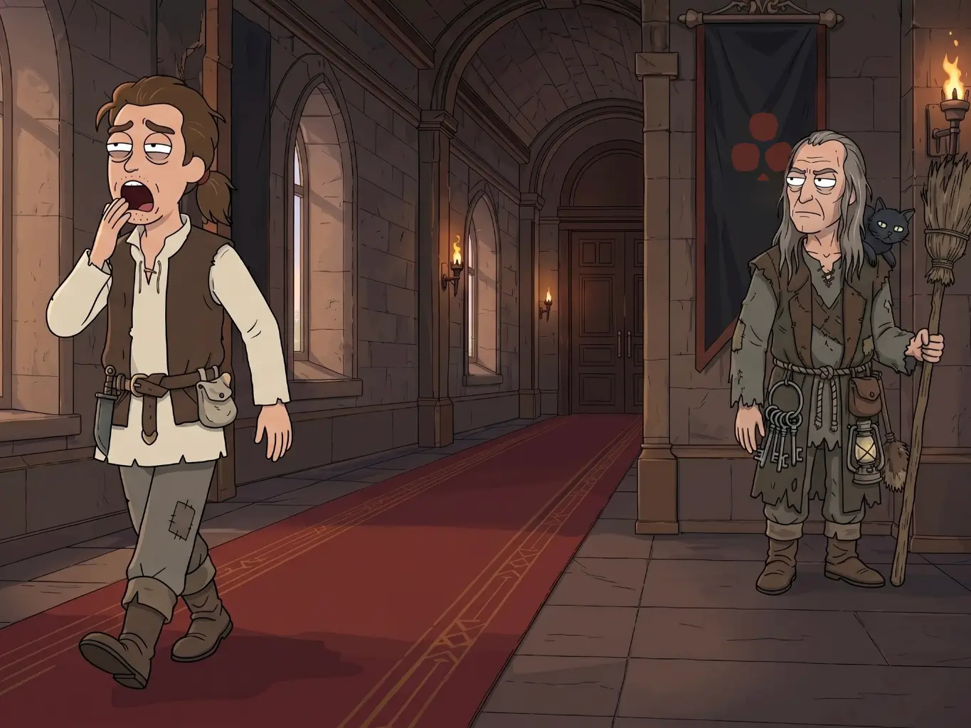 Illustration humoristique : un jeune homme bâille dans un couloir de château médiéval, un vieil homme le regarde d'un air sévère.