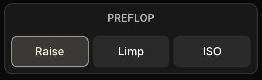Le sélecteur de type de pot dans la sidebar de la vue Résumé Postflop, avec les options Raise (sélectionnée), Limp et ISO.
