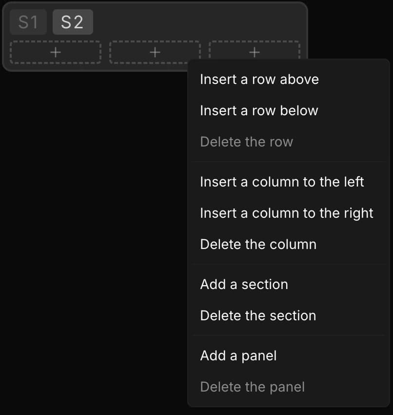 Menu contextuel ouvert au clic droit sur la grille du tableau de bord : insérer une ligne au-dessus ou en dessous, supprimer la ligne, insérer une colonne à gauche ou à droite, supprimer la colonne, ajouter ou supprimer une section, ajouter ou supprimer un panneau. En haut à gauche, les onglets de section S1 et S2 et trois cases vides marquées d'un plus.