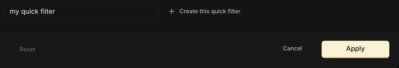Le bas du panneau Filtre : un champ de nom rempli « my quick filter » et le bouton « Créer ce quick filter », avec la barre Réinitialiser / Annuler / Appliquer en dessous.