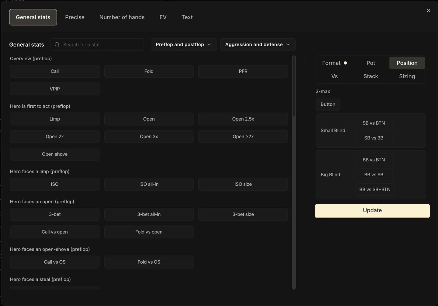 Le catalogue de stats du HUD : les cinq onglets Stats générales, Précis, Nombre de mains, EV et Texte en haut ; dessous, une recherche et deux filtres (préflop et postflop, agression et défense) ; à gauche la liste des stats groupées par situation (vue d'ensemble préflop, Hero est premier à parler, Hero fait face à un limp, à une open, à un open-shove, à un steal) ; à droite les six restrictions (Format, Pot, Position, Vs, Stack, Sizing), ouvertes sur Position avec le Bouton, la Small Blind et la Big Blind et leurs sous-cas (SB vs BTN, BB vs SB…), et le bouton de validation.