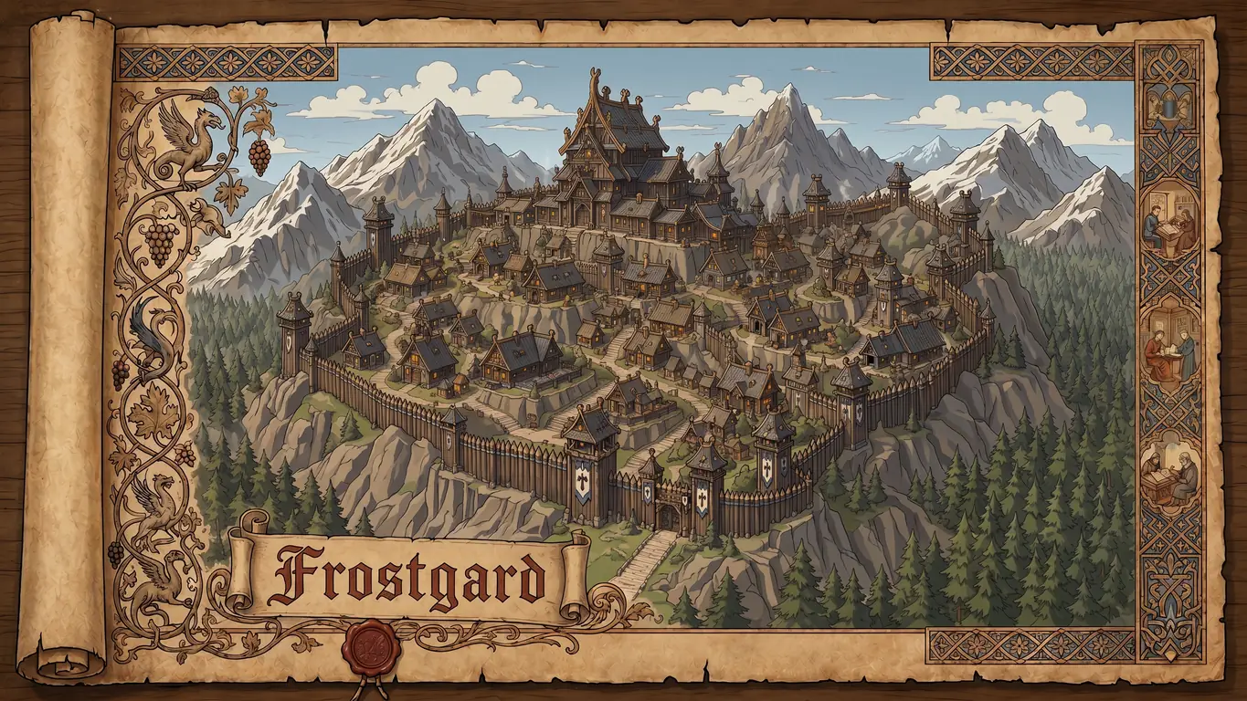 Vue de Frostgard, principale cité fortifiée des Royaumes du Nord, entourée de montagnes enneigées.