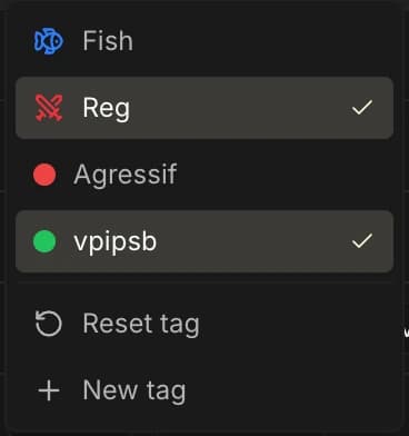 Le menu de tags ouvert sur un adversaire : les entrées Fish, Reg, Agressif et vpipsb, chacune précédée de son icône ou de sa pastille de couleur, deux d'entre elles cochées, puis les entrées Réinitialiser le tag et Nouveau tag.