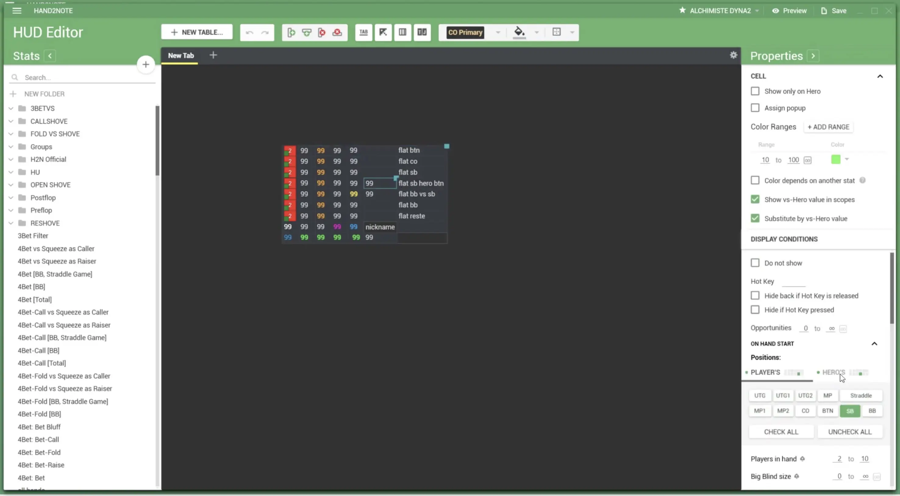 Interface de configuration du HUD dans Hand2Note