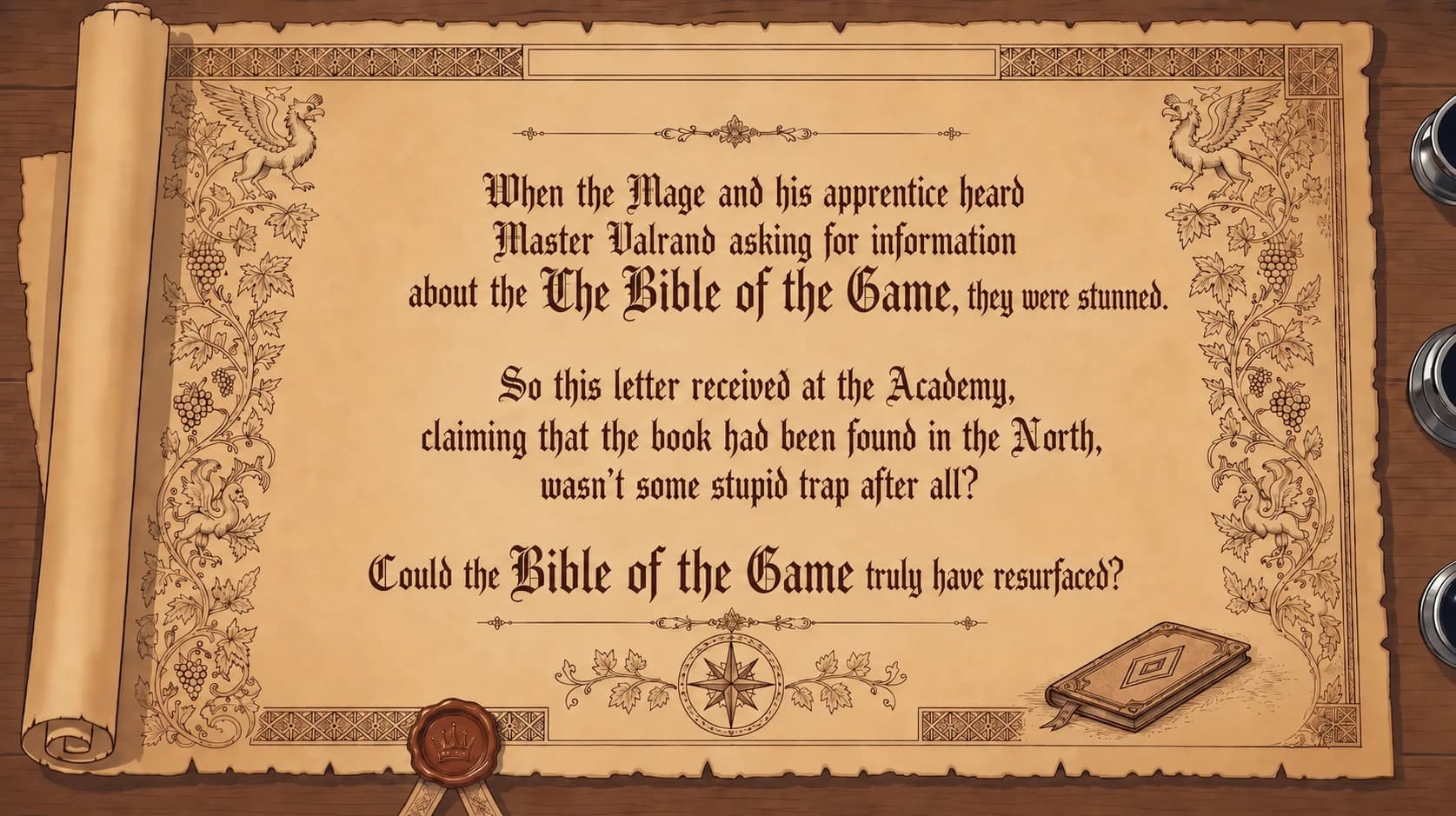 Un ancien parchemin évoquant la Bible du Jeu.