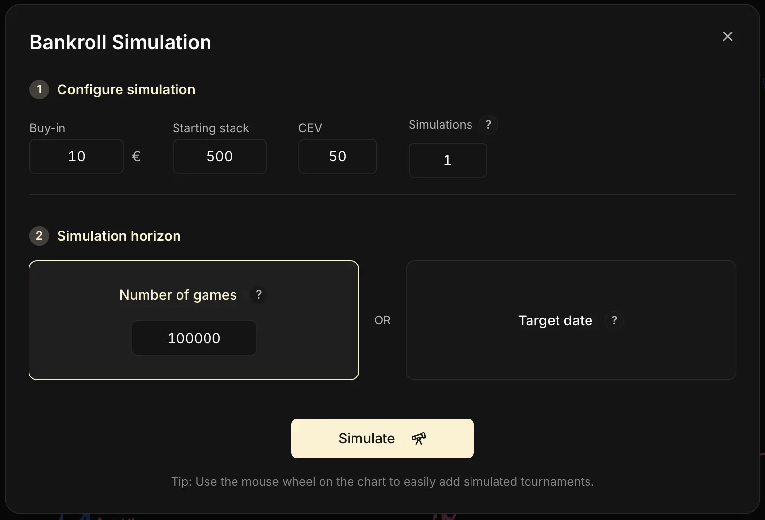 Fenêtre Simulation de Bankroll en deux étapes : Configurer la simulation (buy-in, stack de départ, CEV, nombre de simulations) puis Horizon de la simulation (nombre de parties ou date cible), avec un bouton Simuler en bas.